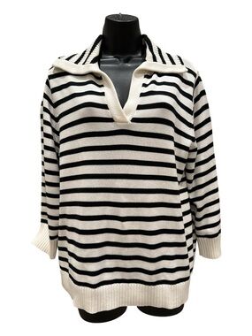 Cabi Striped V-Neck Collar Sweater - Black & White